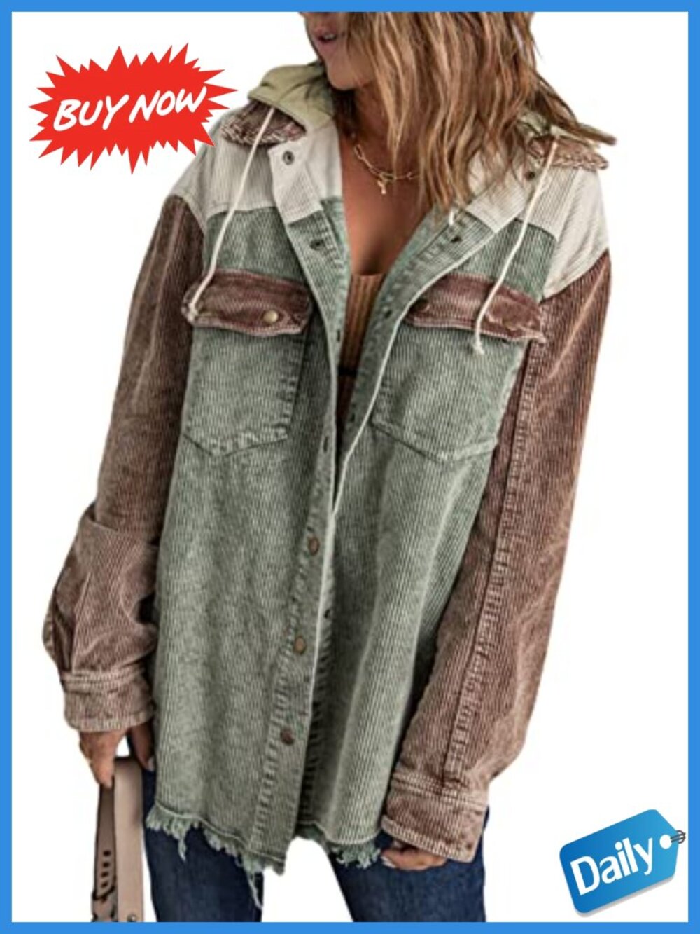 Corduroy Shacket Jacket Long Sleeve Button Down Hooded Coat Pockets